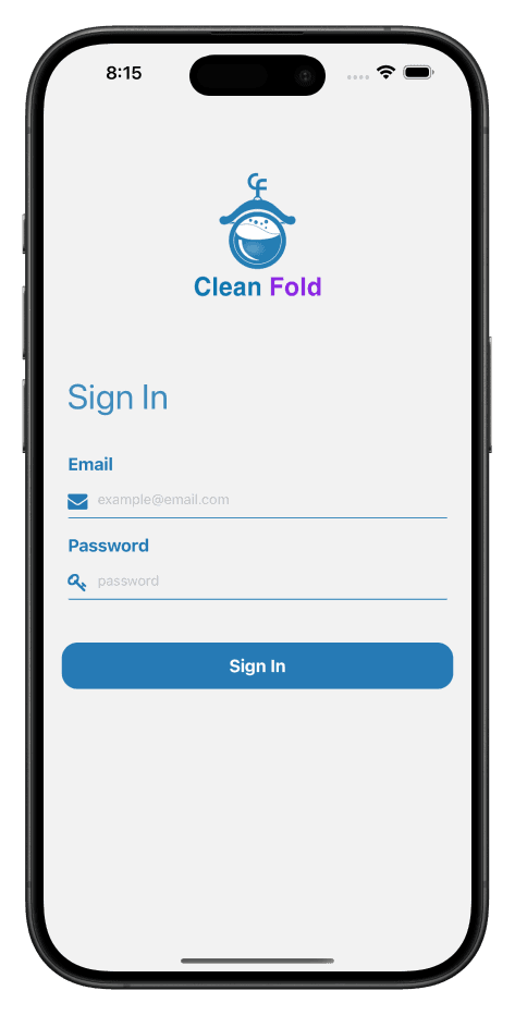 CleanFold mobile login screen