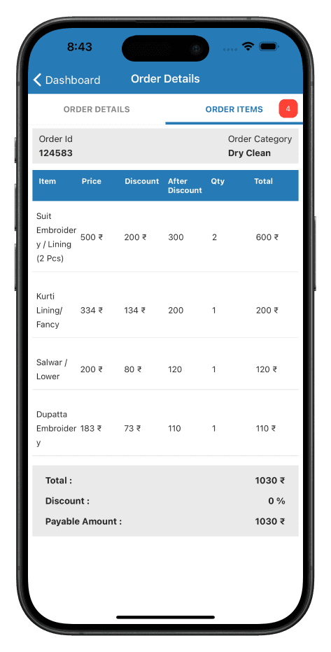 CleanFold order details screen