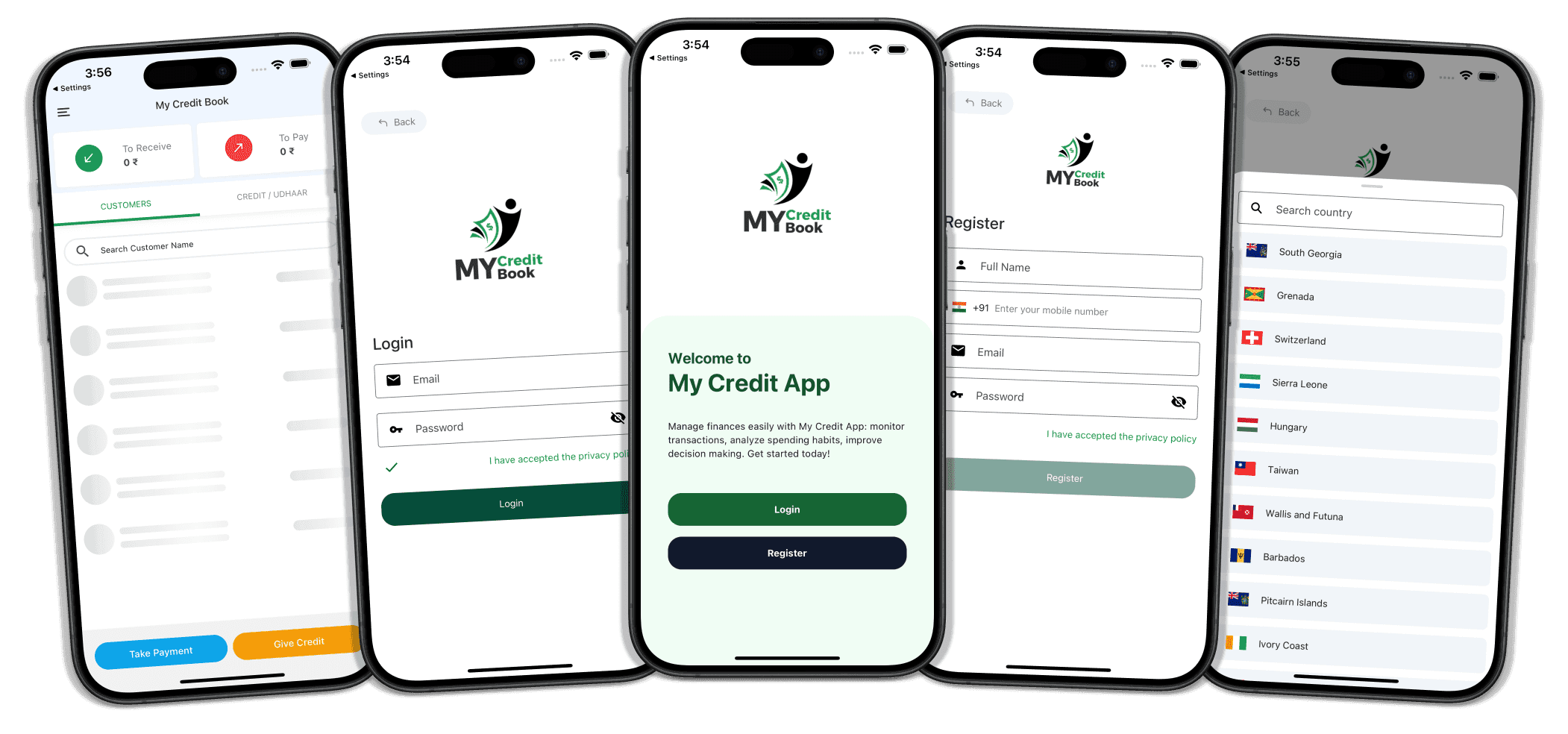 MyCreditBook mobile app screens
